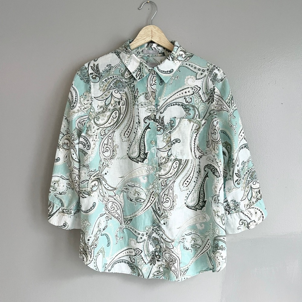 Chicos No-Iron Fresh Chic Linen Paisley Button‎ Front Shirt Aqua Green 1 Medium